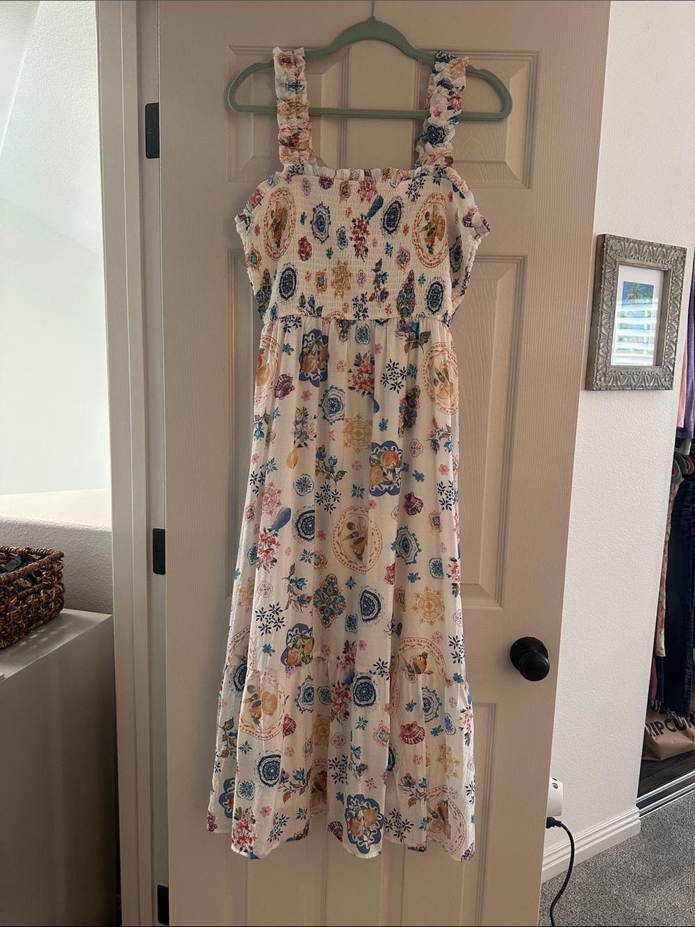 Smocked Floral Print Off-White Sundress